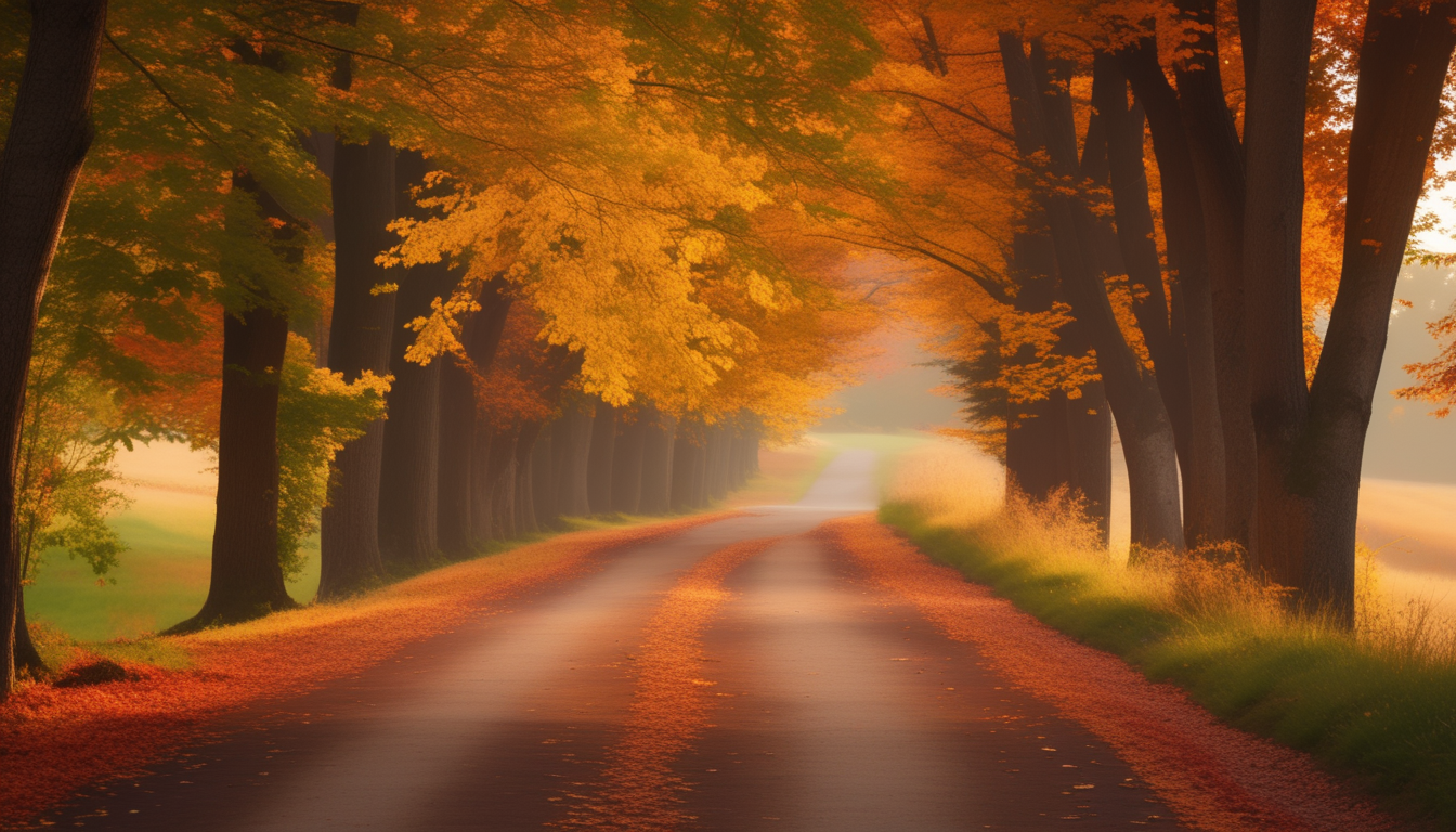 Fall background — tree-lined path with autumn leaves
